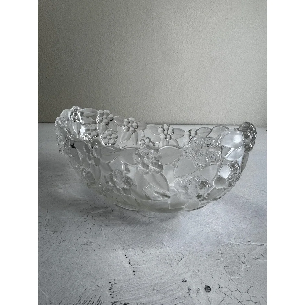 Vintage Pressed Glass Fruit Bowl Floral Embossed 11in Decorative Centerpiece Dis